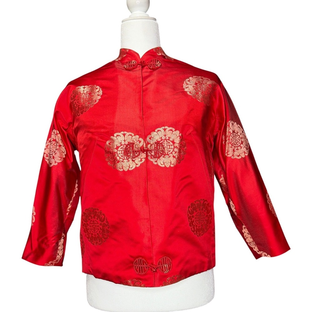 Vintage Red Satin Chinese Brocade Jacket Mandarin Collar Frog Closure Women M